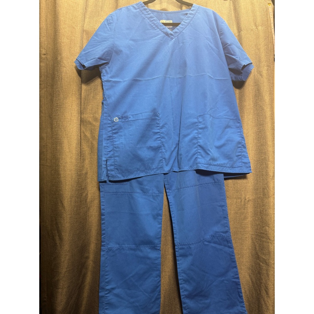 Wonder Work Scrubs Set V-Neck Top & Pants‎ Blue Medical Uniform Size L